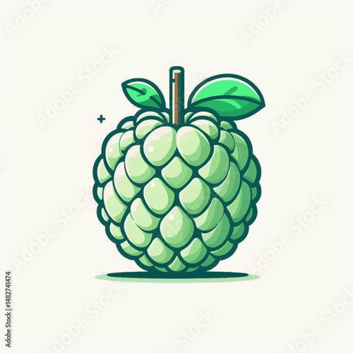 Custard apple illustration a green textured fruit with leaves and a stem on a white background