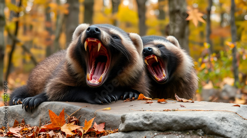 Yawning wolverine lying on the stone in autumn forest. Snarling jaws of the furry carcajou or skunk bear (Gulo gulo) with sharp long fangs.