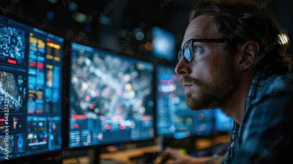 A male cybersecurity professional reviews live data feeds, adjusting firewall settings to protect sensitive data from cyberattacks. A male cybersecurity professional reviews live data feeds, adjusting firewall settings to protect sensitive data from cyberattacks.