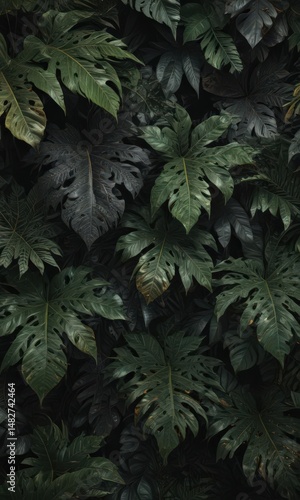 Intricate leaf layers, creating a dark, elegant, tropical design  Textured detail , overlap, photo