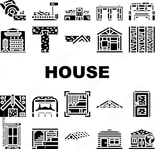 wood frame house construction icons set vector