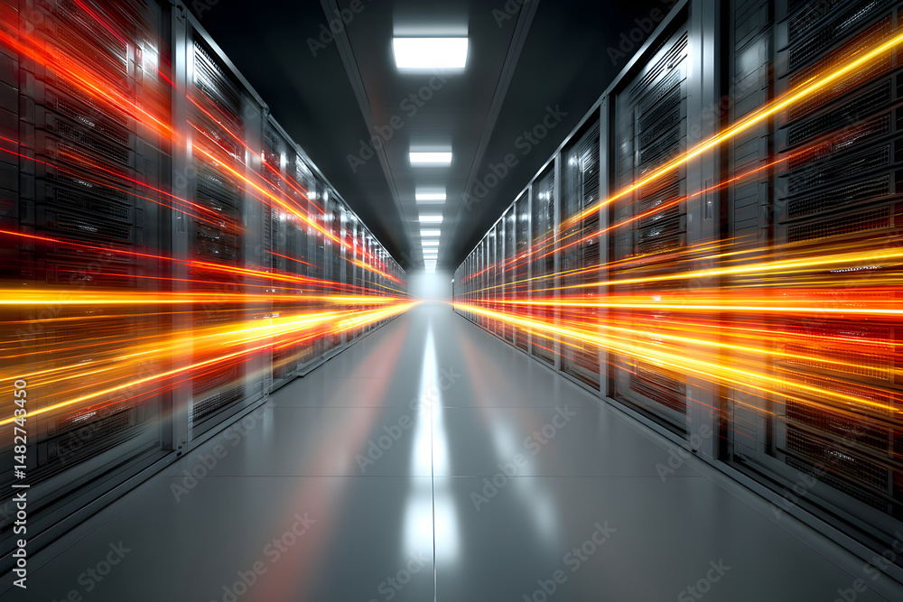 Futuristic data center with glowing light trails depicting high speed data transfer Futuristic data center with glowing light trails depicting high speed data transfer