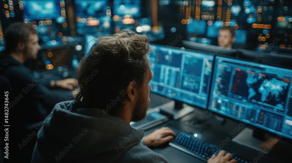A cybersecurity team works in a high-tech office, analyzing and mitigating cyber threats using advanced artificial intelligence tools. A cybersecurity team works in a high-tech office, analyzing and mitigating cyber threats using advanced artificial intelligence tools.