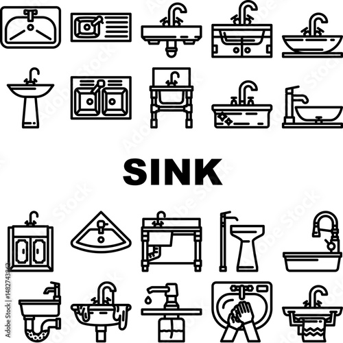 sink kitchen bathroom icons set vector