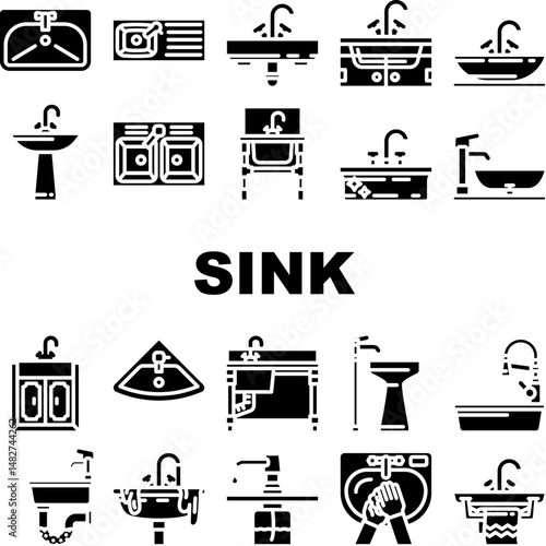 sink kitchen bathroom icons set vector