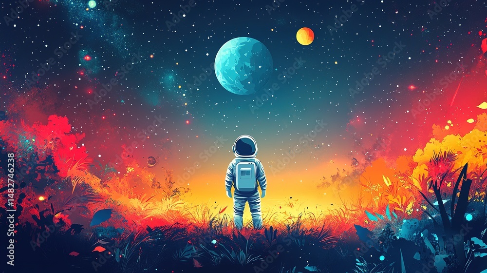 Astronaut exploring celestial bodies outer space digital art colorful universe scenic perspective cosmic adventure Astronaut exploring celestial bodies outer space digital art colorful universe scenic perspective cosmic adventure
