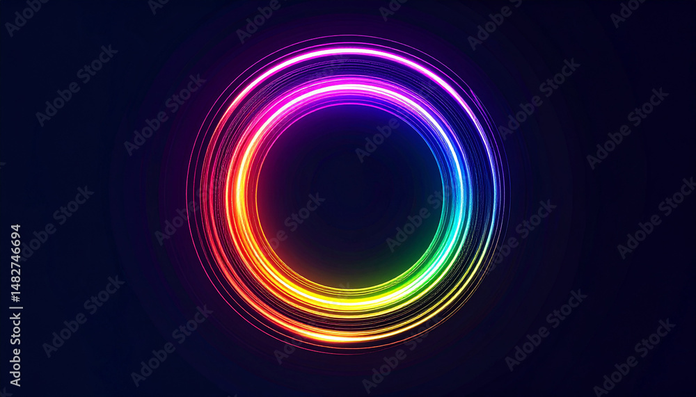 Bright neon circle in rainbow colors glowing against deep dark backdrop, abstract digital energy. Bright neon circle in rainbow colors glowing against deep dark backdrop, abstract digital energy.