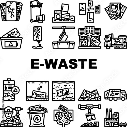 e waste pollution recycling icons set vector