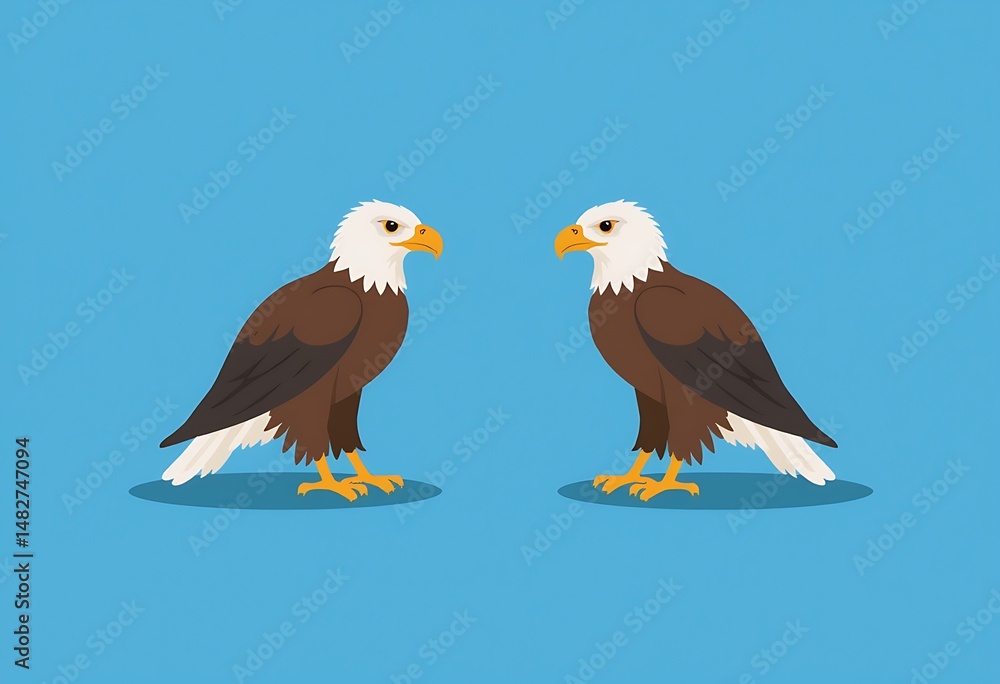 Fototapeta premium Two sharp-eyed eagles confronting each other against a cloudy blue sky