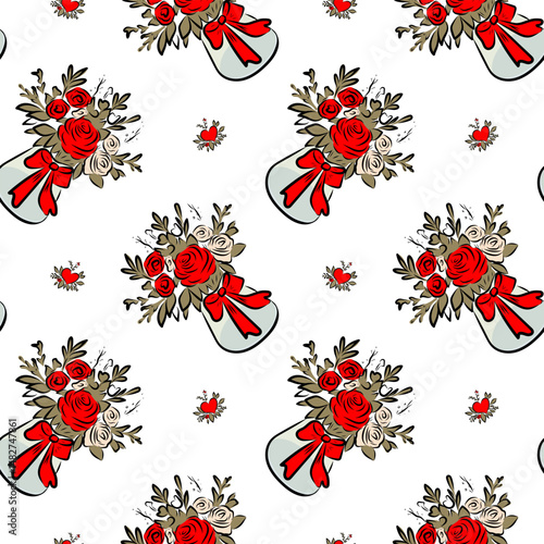 pattern with romantic flower bouquets with red roses tied with red ribbons in vases. Isolated on white background. Perfect for Valentine's Day packaging