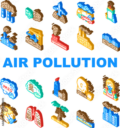air pollution smog emissions icons set vector