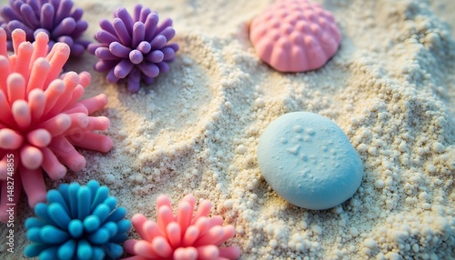 A close-up of colorful seashells and rocks on a sandy beach