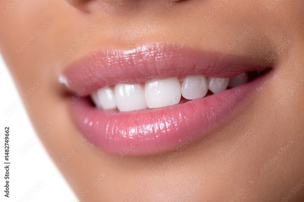 Obraz premium Detailed view of slightly parted lips revealing clean and straight teeth with visible gum line isolated on white background