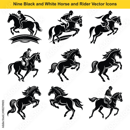 Collection of nine black and white horse and rider vector graphic icons