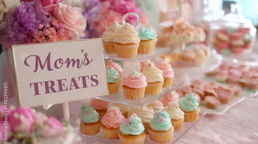 Colorful dessert display featuring cupcakes and treats at a celebration with floral decorations