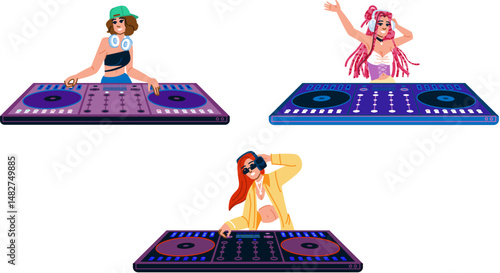 vinyl dj woman character turntable vector