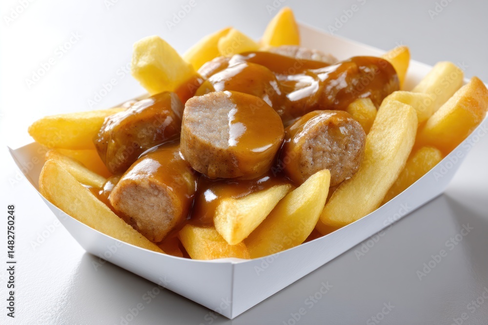Freshly fried chips paired with sliced sausage smothered in rich curry sauce presented as a takeaway street meal Freshly fried chips paired with sliced sausage smothered in rich curry sauce presented as a takeaway street meal