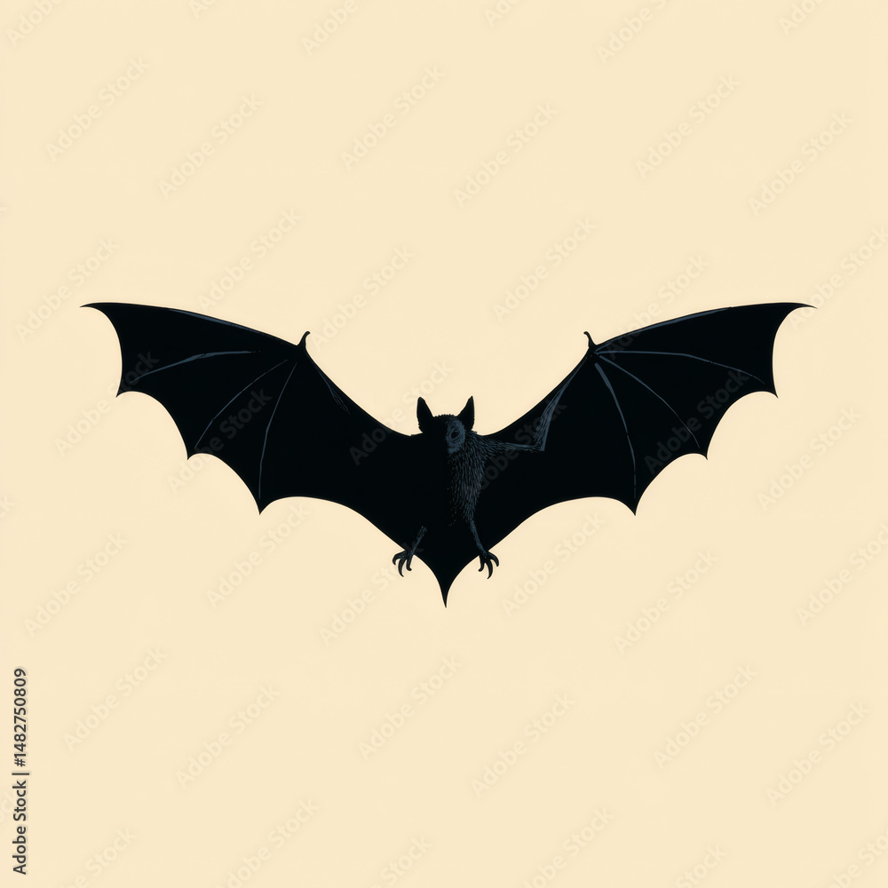 Fototapeta premium A striking illustration of a black bat with its wings fully extended, isolated on a pale background.