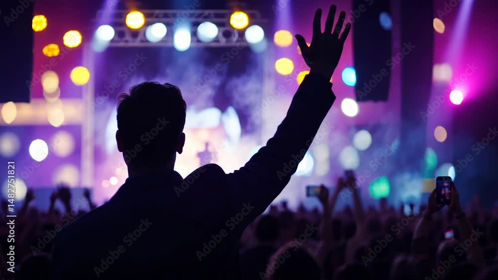 Energetic concert crowd with colorful lights and raised hands Energetic concert crowd with colorful lights and raised hands