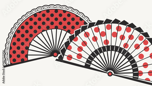 Vector Colorful fans with polka dots in red and black, showcasing vibrant design and cultural flair