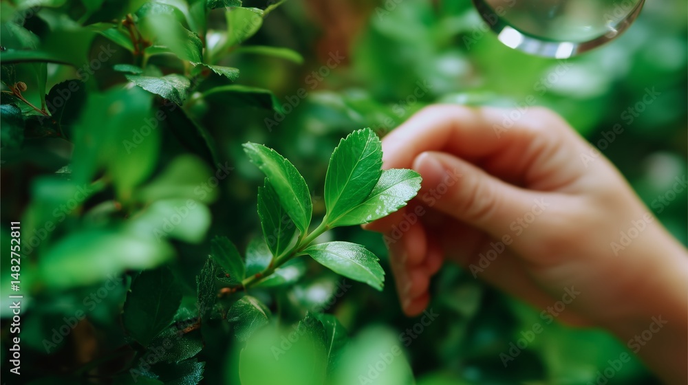 Exploring nature's details by examining leaves in a lush garden during an afternoon stroll