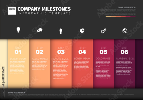 Modern vertical company milestones infographic template with 6 steps for timeline presentation. This business milestones infographic visualises process or history with icons.