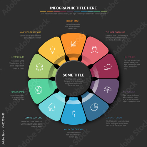 Modern circular infographic template with information across 8 segments with icons. The design provides a clear circular infographic layout featuring 8 segments perfect for steps, parts, or options.