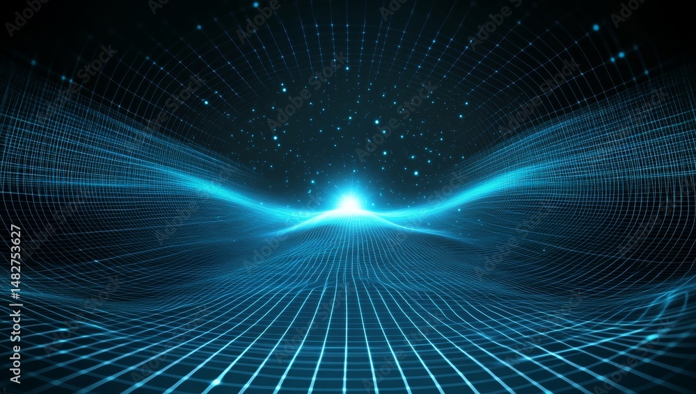 Obraz premium Abstract blue digital background with glowing lines and grid, representing technology or global network concept. The dark scene is illuminated by the bright 