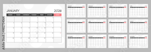 2026 monthly blank red calendar planner schedule with week starts on Monday