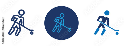 Set of 5 pixel perfect colored Hockey player icon with 1 unexpanded, 1 silhouette,  Athlete with stick and puck showing a hockey game action.
