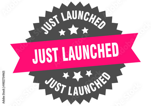 just launched. just launched round pink label isolated on transparent background