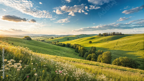 Summer landscape with green meadow and blue sky with white clouds.
