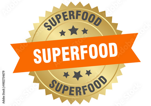 superfood. superfood round orange and gold label isolated on transparent background