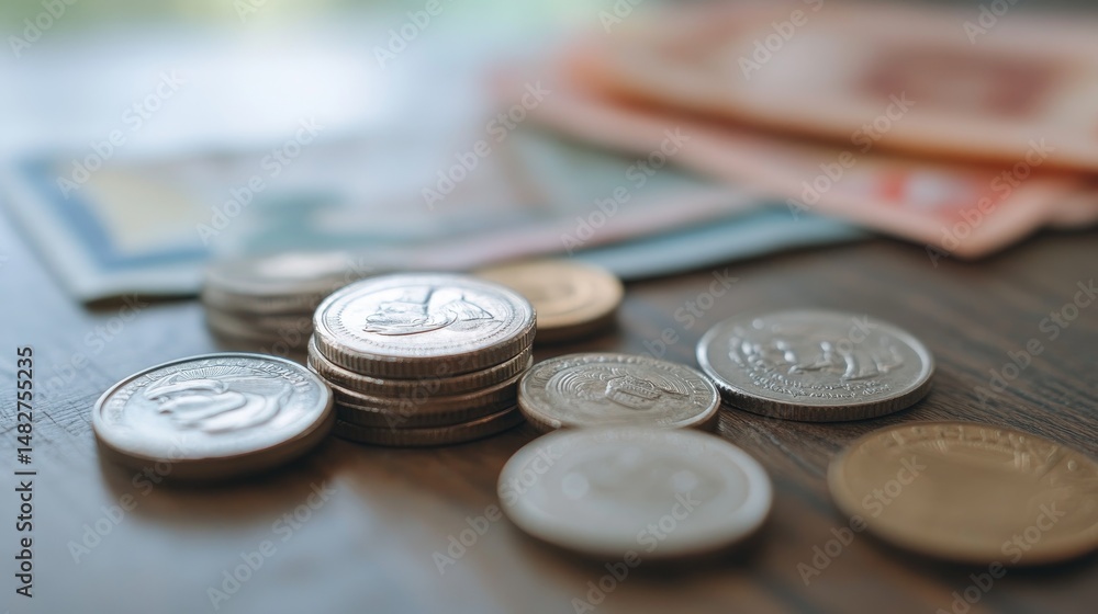 Coins and banknotes on a wooden surface Coins and banknotes on a wooden surface