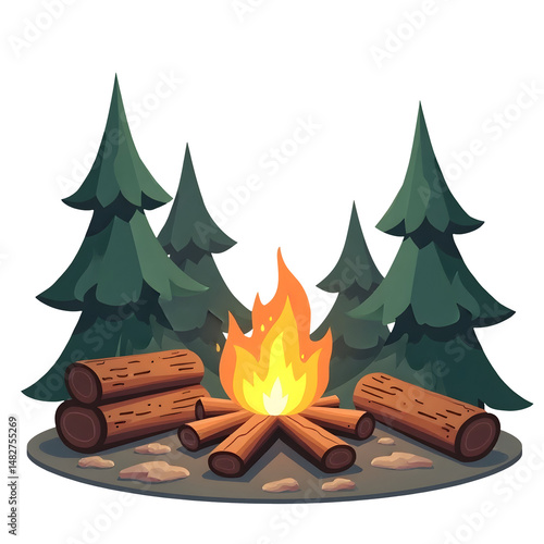 Wallpaper Mural Glowing bonfire crackles surrounded by logs near tall forest trees. ,cut out Torontodigital.ca