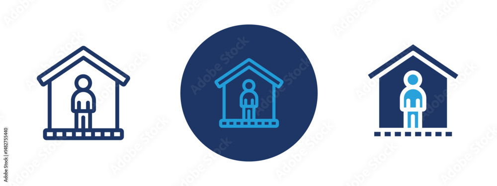 Fototapeta premium Set of 5 pixel perfect colored Stay home icon with 1 unexpanded, 1 silhouette, House with heart or person inside symbolizing home isolation or safety.