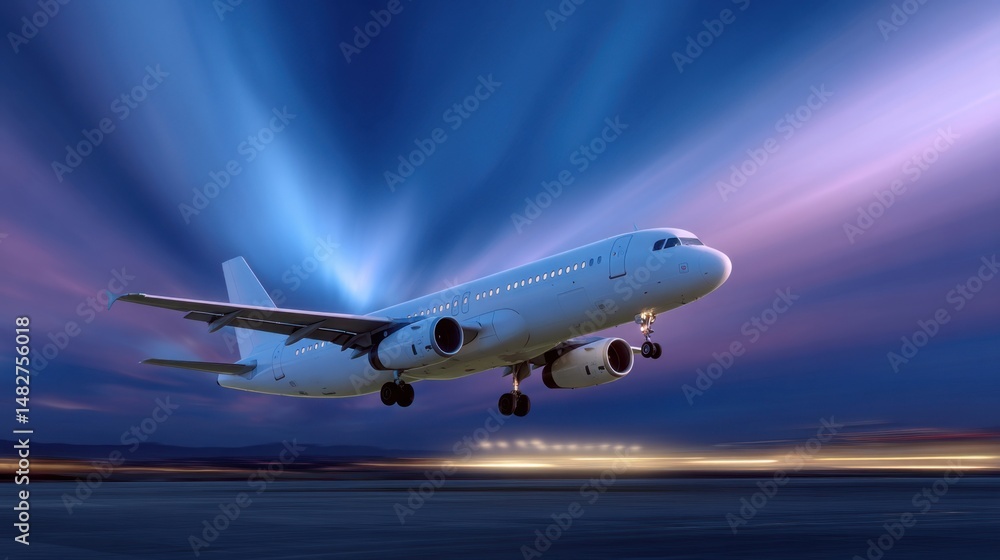 Fototapeta premium commercial airplane taking off with motion blur, dramatic sky background