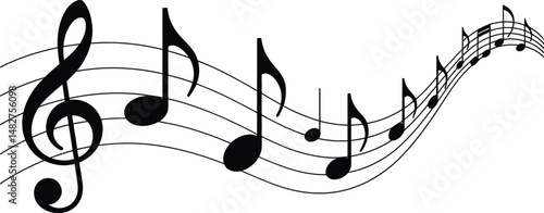  A musical staff with a treble clef and various notes flowing across a white background design element