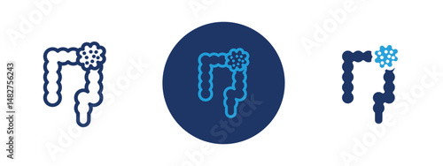 Set of 5 pixel perfect colored Colorectal cancer icon with 1 unexpanded, 1 silhouette,  Awareness ribbon with digestive tract symbolizing colorectal cancer.