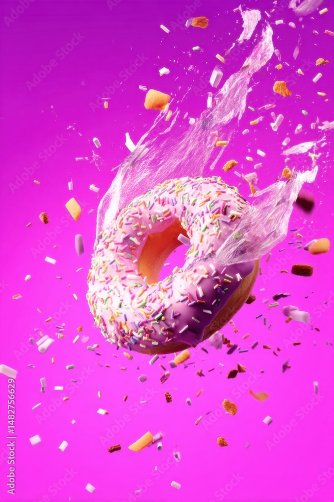Naklejka premium Sprinkled Donut in Mid-Air with Candy Pieces and Water Splash on Fuchsia Background Studio Shot