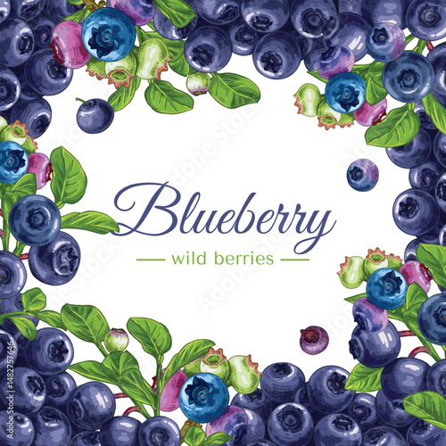 Frame of blueberries berries and leaves on an isolated background. Free space for text.