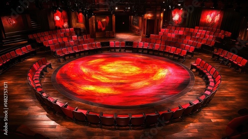 Theater in the round. Red, yellow patterned stage floor. Red seats. High angle, empty interior