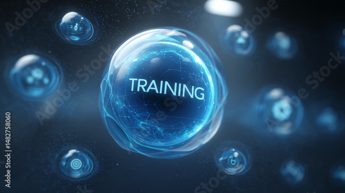 Wallpaper Mural Blue translucent sphere with "TRAINING" inscribed, surrounded by smaller glowing orbs, suggesting digital learning or online course concept Torontodigital.ca