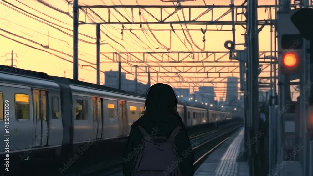 Silhouette of person at train station sunrise. Silhouette of person at train station sunrise.