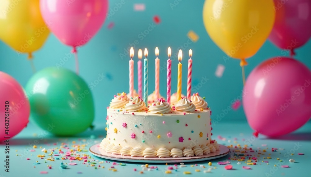 A festive birthday cake with candles, surrounded by colorful balloons and confetti , event, party, celebration A festive birthday cake with candles, surrounded by colorful balloons and confetti , event, party, celebration