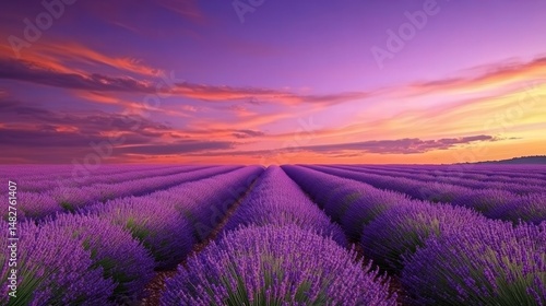 lavender field at twilight  with rows of flowers glowing softly under the purple and orange hues of the evening sky.