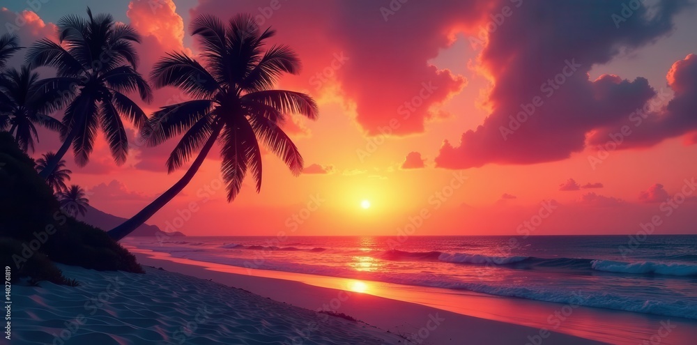 Naklejka premium Dark palm silhouettes against vibrant sunset sky over sandy beach , escape, ocean