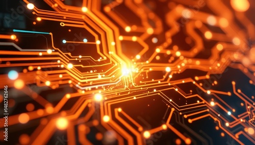 Glowing orange circuit board with light nodes, futuristic connection concept