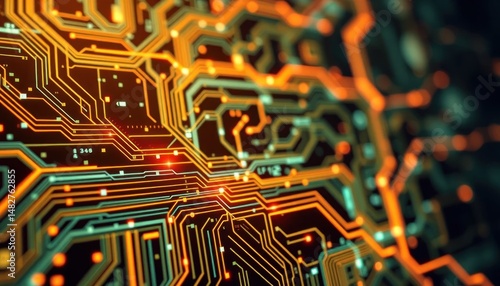 Futuristic circuit board: digital connection, orange glow, modern technology, data