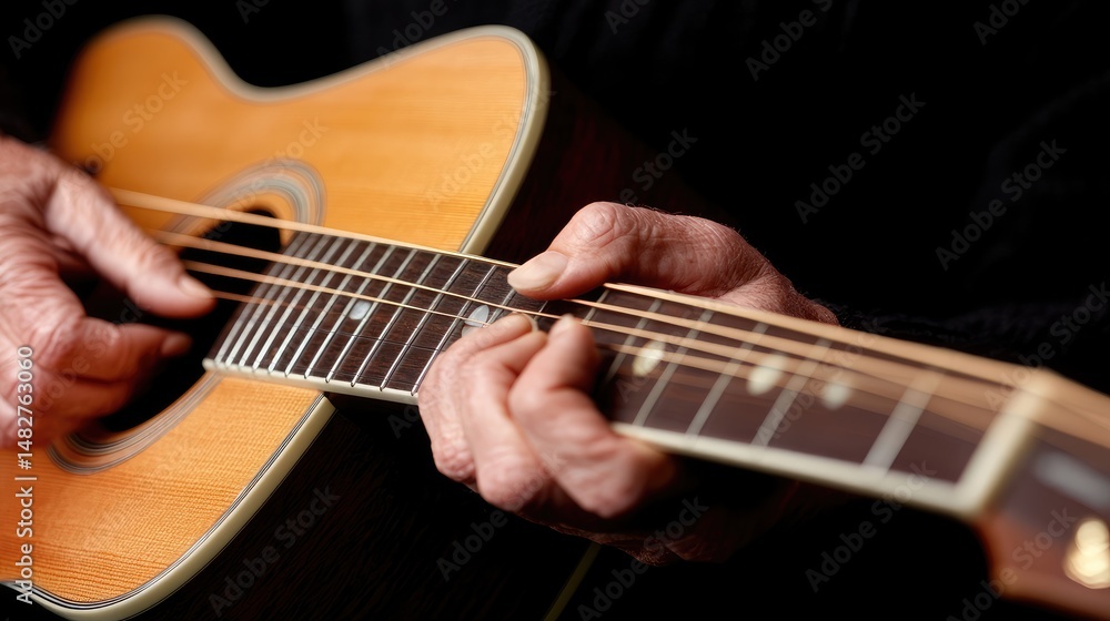 Fototapeta premium Close-up of aging hands playing acoustic guitar